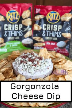 two bags of chips and cheese dip on a plate with the words, gorgonzola cheese dip