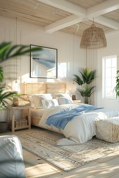 a bedroom with a bed, plant and rug on the floor in front of it