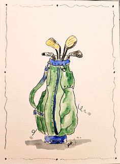 a watercolor and ink drawing of a green vase with golf clubs in it