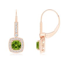 Inspired by the alluring patterns of the vintage era, these cushion peridot earrings in 14k rose gold are sure to fascinate. A halo of glimmering round diamonds highlights the earthy green peridot. The partially studded leverback as well as the bezel set diamond atop the cushion frame add to the brilliance of these claw set peridot earrings. Intricate milgrain detailing completes the vintage look. Peridot Earrings, Bezel Set Diamond, Leverback Earrings, Green Peridot, Halo Diamond, 18k Rose Gold, Vintage Earrings, Vintage Look, The Vintage