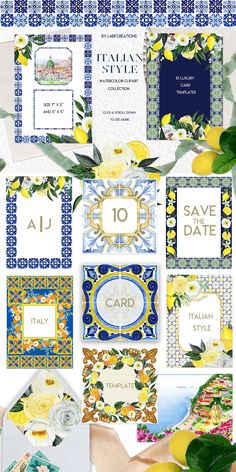 yellow and blue wedding stationery with lemons, roses, and greenery on it