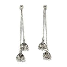 From Alok Jain these delightful earrings are known as jhumki which means hanging earrings in Hindi. They feature diminutive dancing chandeliers on two slender chains. One of the chains can be detached if desired. .925 Sterling silver