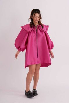 Eliza Faulkner Mandy Dress - Pink Mikado Wide Collar Dress, Tie Collar Dress, Large Collar Dress, Oversized Babydoll Dress, Collared Babydoll Dress, Oversized Womens Fashion, Dress With Collar And Sleeves, Oversized Collar Dress, Raglan Sleeve Outfit