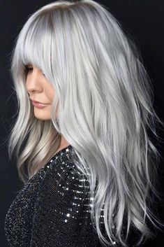 Shoulder Length Gray Hair Over 50, Long Layered Haircut, Grey Hair With Bangs, Long Silver Hair, Silver White Hair, Silver Haired Beauties, Hair Layers, Grey Hair Transformation, Haircut Styles For Women