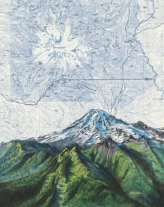 a drawing of the top of a mountain with a map on it's side