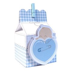 a blue and white box with a teddy bear on it