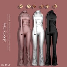 three women's jumpsuits with high neck and long sleeves, all in different colors