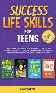 the book cover for success life skills for teens by emly cartier, with four books in it