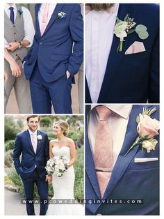 a collage of photos showing the bride and groom in their wedding attire, with flowers on his lapel