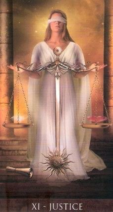 Justice-Card from Arcanum Tarot Deck Tarot Justice, Justice Tarot, Tarot Decks Art, All Tarot Cards, Tarot Magic, Lady Justice, Tarot Bags, Oracle Tarot, Tarot Cards Art