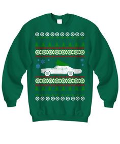 a green christmas sweater with a white car on it