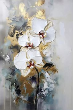 an abstract painting of white flowers on a gray and yellow background with gold leaf accents