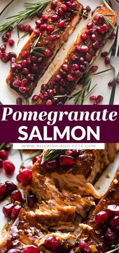 the recipe for pomegranate salmon on a white plate