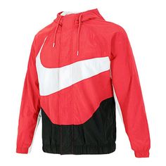 Nike Sportswear Swoosh Logo Red Jacket Red Sporty Outerwear With Drawstring Hood, Sporty Red Outerwear With Drawstring Hood, Red Functional Long Sleeve Hooded Jacket, Red Sportswear Windbreaker For Winter, Red Sportswear Hooded Jacket For Sports, Red Sportswear Outerwear For Sports Events, Red Sportswear Outerwear For Outdoor Activities, Sporty Red Windbreaker With Drawstring Hood, Hooded Red Track Jacket For Sports Season