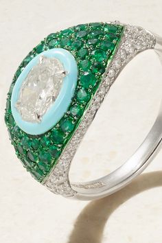 Find KAMYEN 18-karat White Diamond, Emerald And Enamel Ring on Editorialist. Playful and imaginative settings are KAMYEN's specialty. This ring is cast from 18-karat white gold with an ocular-inspired setting, complete with diamonds, color-rich emeralds and enamel. Wear it on your dominant hand where it's most likely to catch attention. Kamyen Jewellery, Tanzanite Ring, Enamel Ring, White Gold Jewelry, Gold Diamond Rings, Blue Rings, Emerald Ring, White Ring, White Enamel