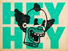 an image of a cartoon character with the words hey hoy written in green and black