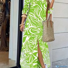 Orcajump - Floral Print Shirt Dress, Casual Button Long Sleeve Dress For Spring & Fall, Women's Clothing Casual Green V-neck Shirt Dress, Green V-neck Maxi Dress With Button Closure, Casual Green Long Sleeve Shirt Dress, Casual Collared Maxi Dress For Vacation, Green Buttoned Maxi Dress For Day Out, Casual Green Long Sleeve Maxi Dress, Casual Long Sleeve Maxi Dress With Button Closure, Casual Green Shirt Dress With Buttons, Green Shirt Dress With Button Closure For Beach