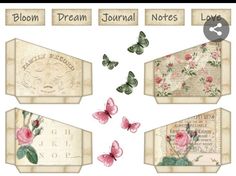 some pink flowers and butterflies are on top of an old fashioned book page with the words bloom