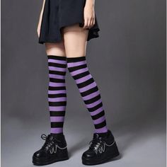 Hot Topic Dolls Kill Purple And Black Over The Knee Tall Halloween Sock Stocking Cosplay Fun Brand New Stocking Cosplay, Ruby Gloom, Black Knee Boots, Scene Outfits, Video Tapes, Over The Knee Socks, Black Socks, Black And Purple, Black Knees