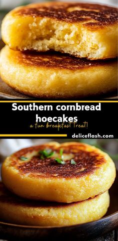 two pancakes with the words southern cornbread hoescakes on top and below