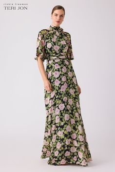 Chiffon Floral Flutter Sleeve Mock Neck With Teri Jon, Gown Plus Size, Fashionable Dresses, Defined Waist, Chiffon Floral, Evening Formal, Cocktail Parties, Mother Of Bride, Evening Gowns Formal