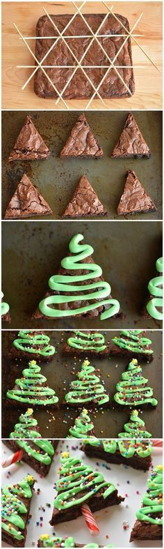 chocolate christmas tree brownies with green frosting and sprinkles