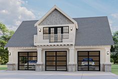 a two car garage with an attached porch and second story balcony on the first floor