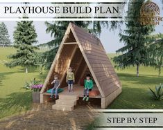 two children sitting on steps in front of a small wooden structure with the words playhouse build plan written below