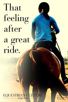 a man riding on the back of a brown horse next to a dirt road with an equestrian quote