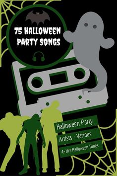 an advertisement for the 75 halloween party song contest, with silhouettes of people and a tape recorder