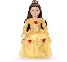 a doll in a yellow dress with red flowers on it's head and hands