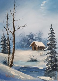 a painting of a snowy landscape with trees and a cabin in the distance, painted on canvas