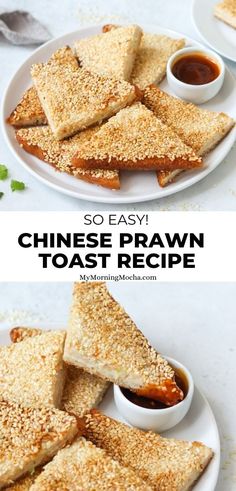 chinese prawn toast recipe on a plate with dipping sauce in the middle and another side