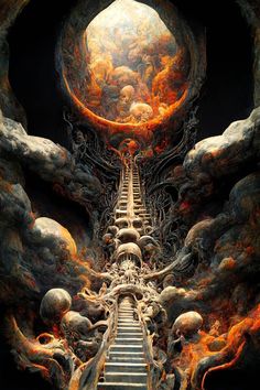 a stairway leading up to the sky with skulls on it and an eyeball in the middle