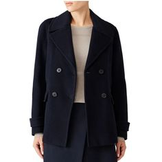 Blue Twill (95% Wool, 5% Cashmere). Long Sleeves. Double Breasted Coat. Exposed Front Button Closures. 28" From Shoulder To Hemline. Great Preowned Condition Box7 Chic Navy Outerwear With Lapel Collar, Navy Lapel Collar Outerwear For Office, Navy Double-breasted Outerwear For Office, Navy Long Sleeve Peacoat For Office, Navy Outerwear With Double Button Closure For Fall, Navy Double-breasted Long Sleeve Outerwear, Navy Double Button Closure Outerwear For Fall, Navy Double Button Outerwear For Fall, Navy Long Sleeve Outerwear