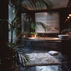 a bath room with a large tub and a plant