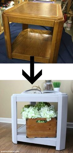 an end table with flowers in it and the bottom shelf is made out of wood