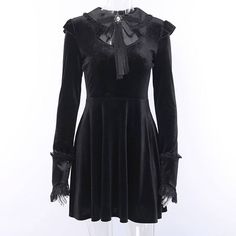 Vintage Gothic Lace Patchwork Long Sleeve A Line Velvet Dress Gothic Black Knee-length Dress, Black Gothic Knee-length Dress, Gothic Long Sleeve Dress For Night Out, Gothic Black Winter Dresses, Long Sleeve Mini Dress For Halloween, Gothic Mini Length Dresses For Fall, Elegant Mini Length Halloween Dress, Elegant Halloween Mini Dress, Elegant Mini Halloween Dress