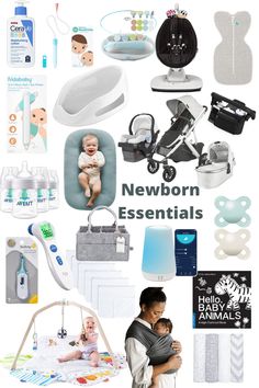 a collage of newborn essentials including baby products