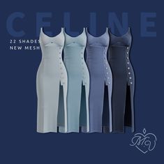 four dresses with buttons on each side and the words celine in blue above them