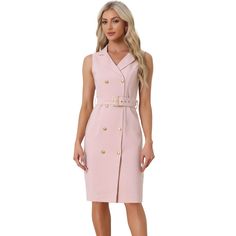 This regular-fit double-breasted dress can be paired with heels for a classic look. Cut to a fit shape with a self-tie belt over your waist as the highlight, this dress creates a slim silhouette. Flaunt a shapely work-to-play vibe in this blazer dress, which is both pretty and stylish. You can match it with blazers or Overcoats. This elegant and cute blazer dress is designed with a notched lapel, which adds a touch of elegance and cuteness to your wardrobe. Fitted Belted Dress With Buttons, Fitted Feminine Belted Dress, Spring Business Belted Dress, Knee-length Fitted Belted Dress With Buttons, Elegant Double-breasted Dresses For Date Night, Chic Belted Dress With Buttons For Office, Formal Knee-length Sleeveless Dress With Buttons, Sleeveless Dress With Button Closure For Spring Workwear, Double-breasted Belted Dress For Office