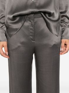 Find ALBERTA FERRETTI Pressed-crease Satin Trousers on Editorialist. dark grey satin finish pressed crease belt loops two diagonal pockets to the sides two rear welt pockets straight leg concealed front button, hook and zip fastening Silk Tapered Leg Bottoms For Evening, Luxury Satin Pants For Workwear, Elegant Satin Tapered Leg Pants, Luxury Satin Pants For Work, Sleek Silk Bottoms For Work, Luxury Satin Bottoms For Evening, Sleek Satin Pants For Formal Occasions, Sleek Satin Formal Pants, Luxury Satin Formal Pants