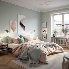 a bed sitting in a bedroom next to a window with pictures on the wall above it