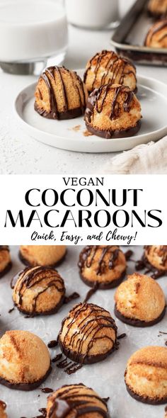 vegan coconut macaroons with chocolate drizzled on top and in the background