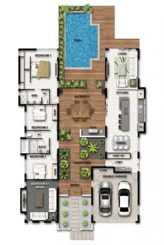 the floor plan for a house with swimming pool and decking area, surrounded by greenery