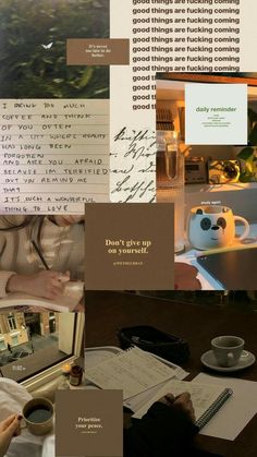 a collage of photos with coffee and writing on them, including an image of a woman sitting at a desk