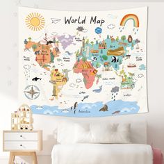 a child's bedroom with a large world map tapestry hanging on the wall above it