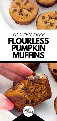 a close up of a person holding a piece of pumpkin muffin with chocolate chips