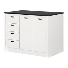 a white cabinet with black top and drawers on the bottom, against a white background