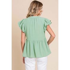 Solid peplum top with slit neck, front point detail, and layer ruffled cap sleeves. Fits true to size. Kimono Sweater, Blouse Tank Top, Peplum Blouse, Curvy Dress, New Tops, Denim Pants, Peplum Top, Denim Skirt, Jumpsuit Dress